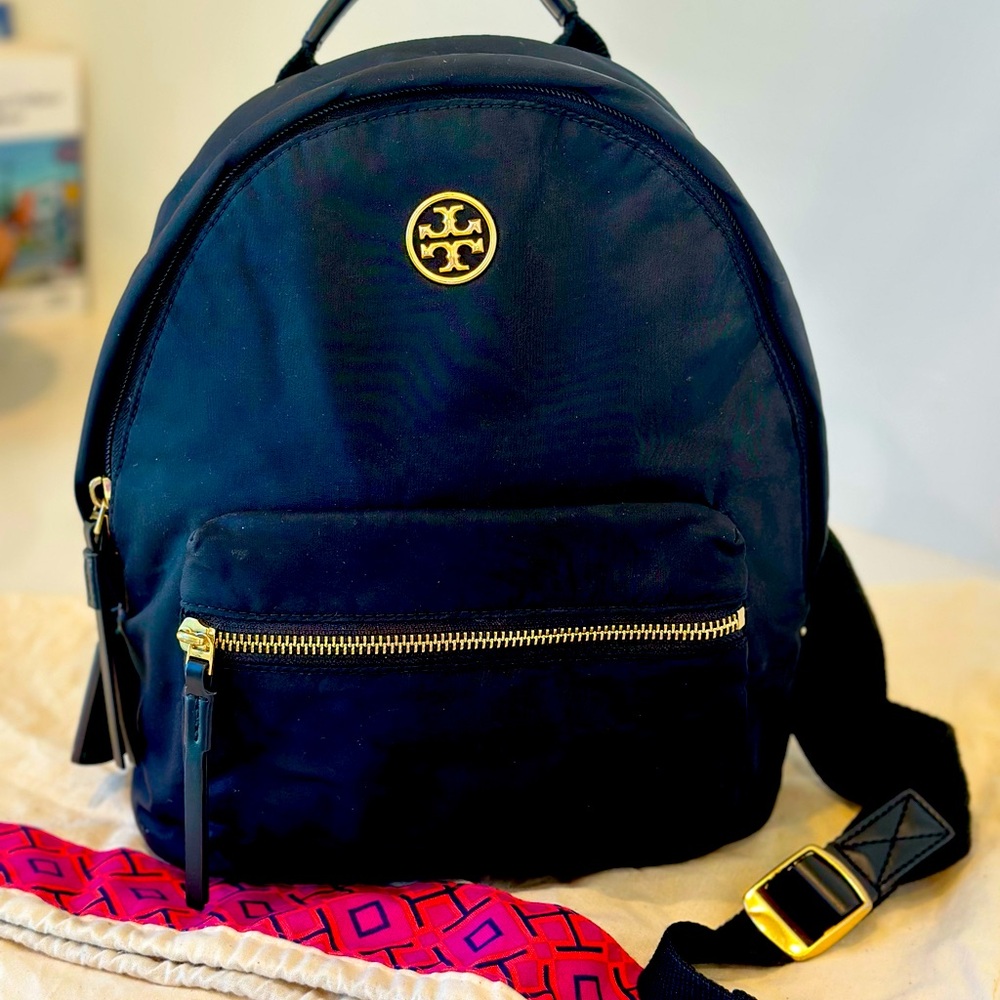 Tory Burch Piper Backpack Black with Green quilted lining
